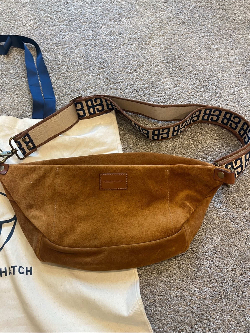 Parker Thatch caramel Suede Crossbody Belt Bag with Patterned Strap - Picture 5 of 7